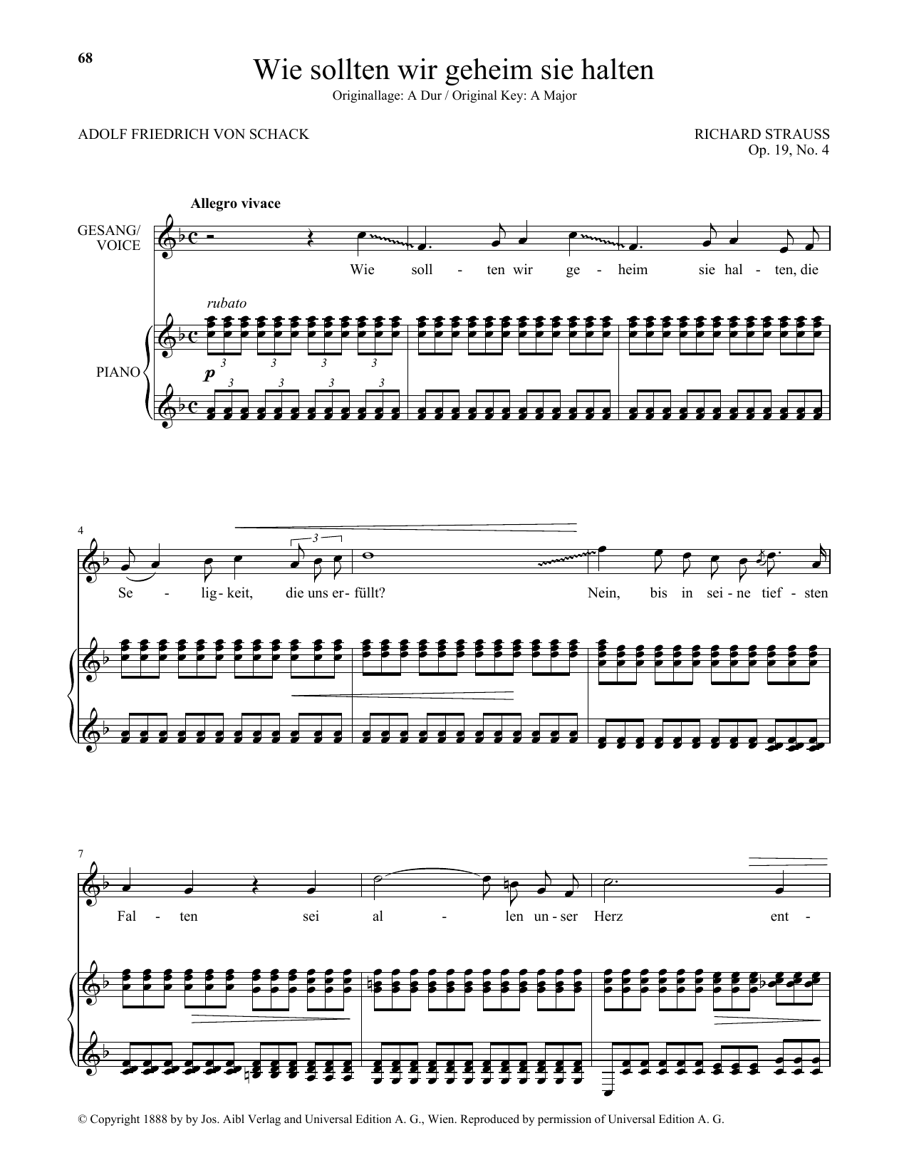 Richard Strauss Wie Sollten Wir Geheim Sie Halten (Low Voice) Sheet Music Notes & Chords for Piano & Vocal - Download or Print PDF