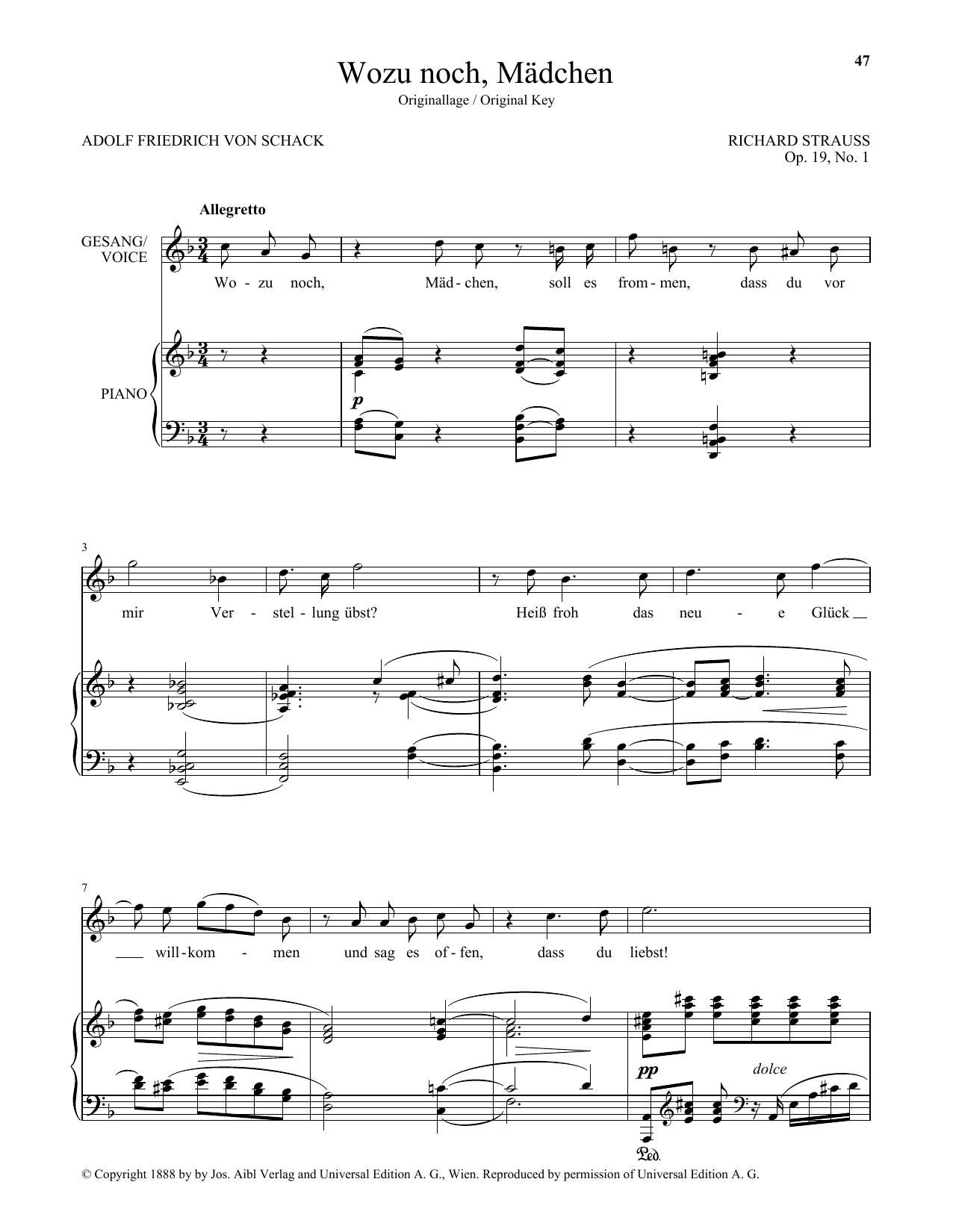 Richard Strauss Wozu Noch, Madchen (High Voice) Sheet Music Notes & Chords for Piano & Vocal - Download or Print PDF