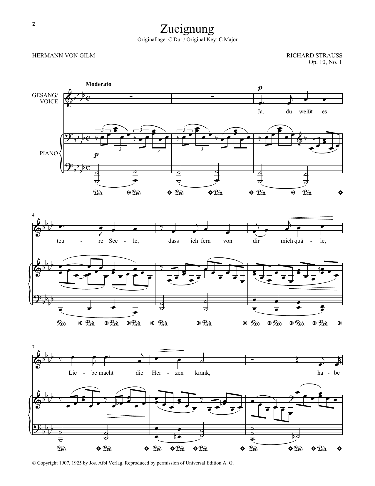 Richard Strauss Zueignung (Op. 10, No. 1) (Low Voice) Sheet Music Notes & Chords for Piano & Vocal - Download or Print PDF Richard Strauss Zueignung (Op. 10, No. 1) (Low Voice) Sheet Music Notes & Chords for Piano & Vocal - Download or Print PDF