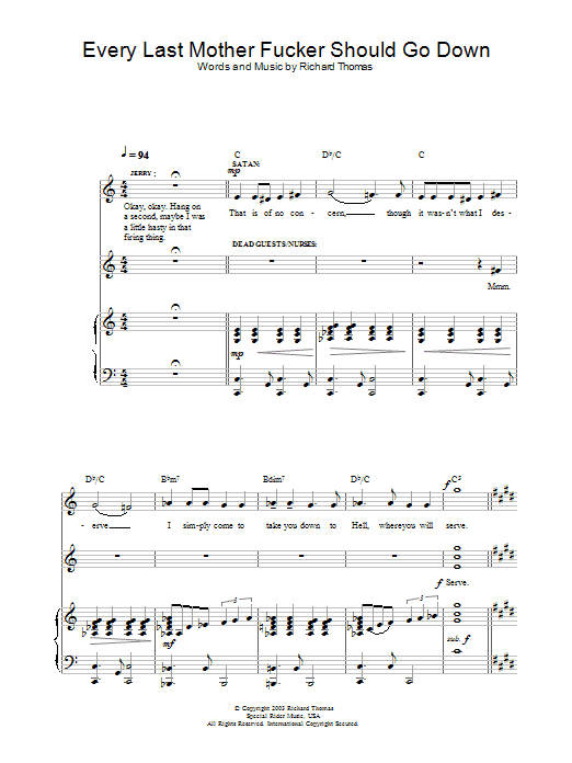 Richard Thomas Every Last Mother Fucker Should Go Down (from Jerry Springer The Opera) Sheet Music Notes & Chords for Piano, Vocal & Guitar - Download or Print PDF