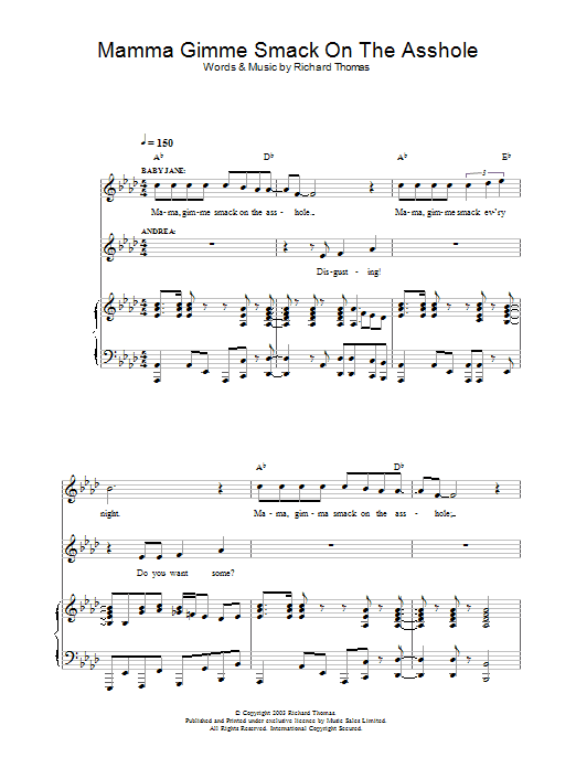 Richard Thomas Mama Gimme Smack On The Asshole (from Jerry Springer The Opera) Sheet Music Notes & Chords for Piano, Vocal & Guitar - Download or Print PDF