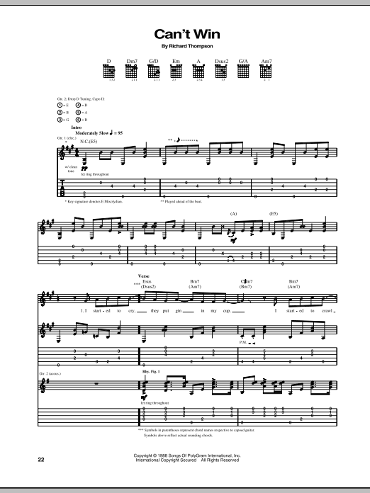 Richard Thompson Can't Win Sheet Music Notes & Chords for Guitar Tab - Download or Print PDF