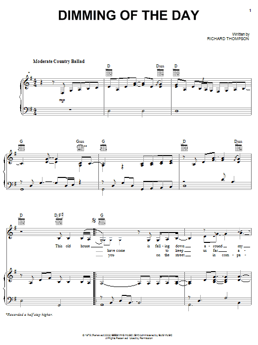 Richard Thompson Dimming Of The Day Sheet Music Notes & Chords for Piano, Vocal & Guitar (Right-Hand Melody) - Download or Print PDF