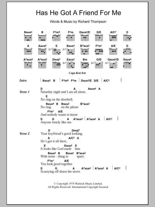 Richard Thompson Has He Got A Friend For Me Sheet Music Notes & Chords for Lyrics & Chords - Download or Print PDF