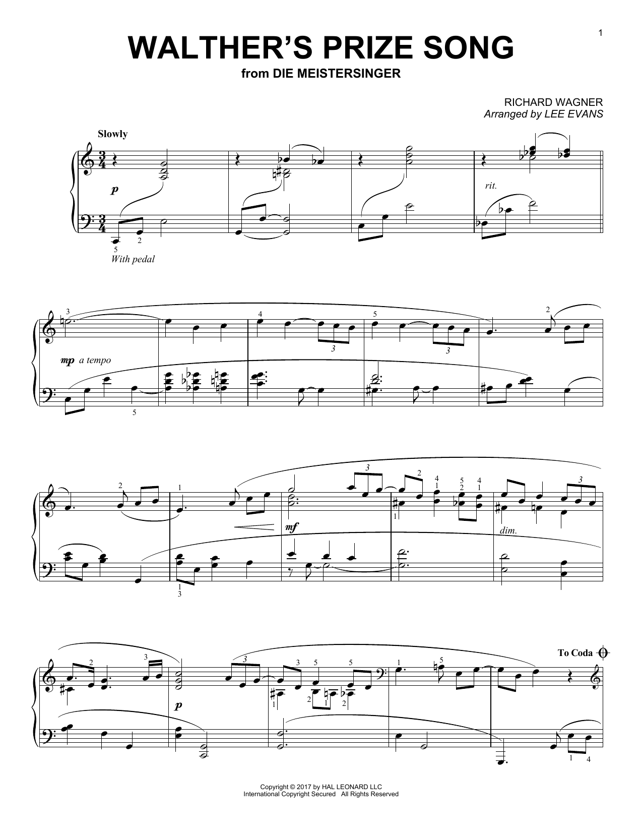 Lee Evans Walther's Prize Song Sheet Music Notes & Chords for Piano - Download or Print PDF