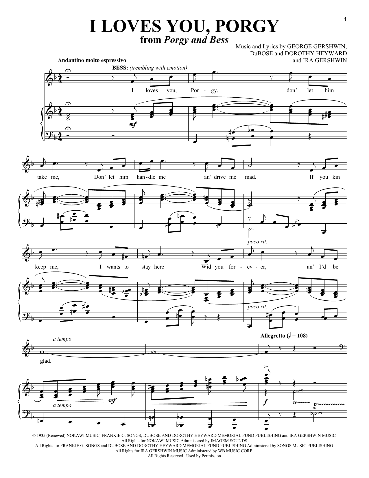 Richard Walters I Loves You, Porgy Sheet Music Notes & Chords for Piano & Vocal - Download or Print PDF