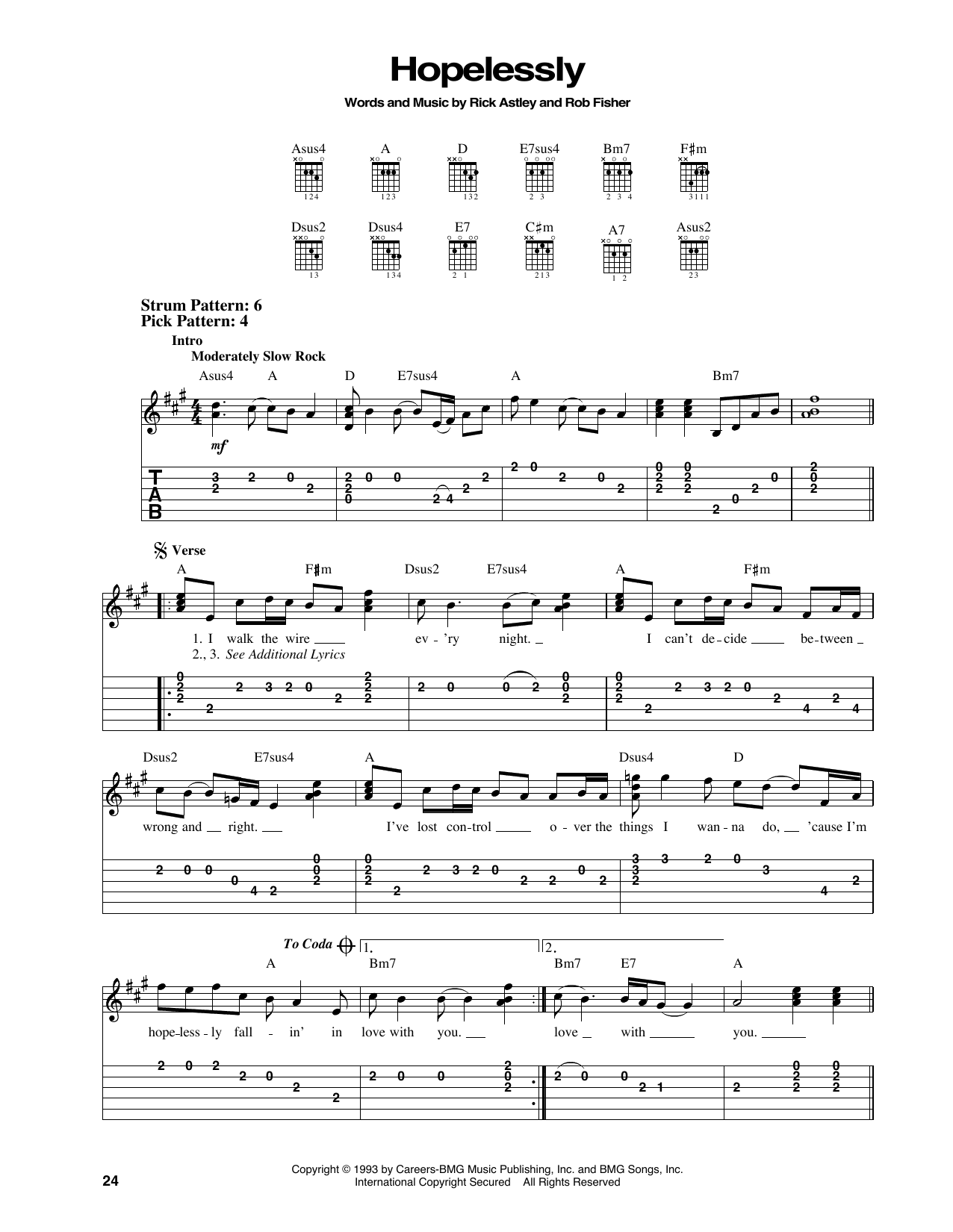 Rick Astley Hopelessly Sheet Music Notes & Chords for Easy Guitar Tab - Download or Print PDF