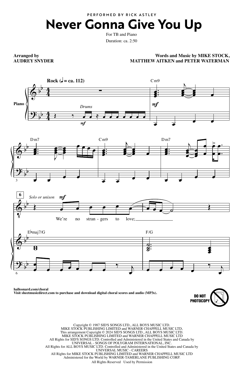 Rick Astley Never Gonna Give You Up (arr. Audrey Snyder) Sheet Music Notes & Chords for TB Choir - Download or Print PDF