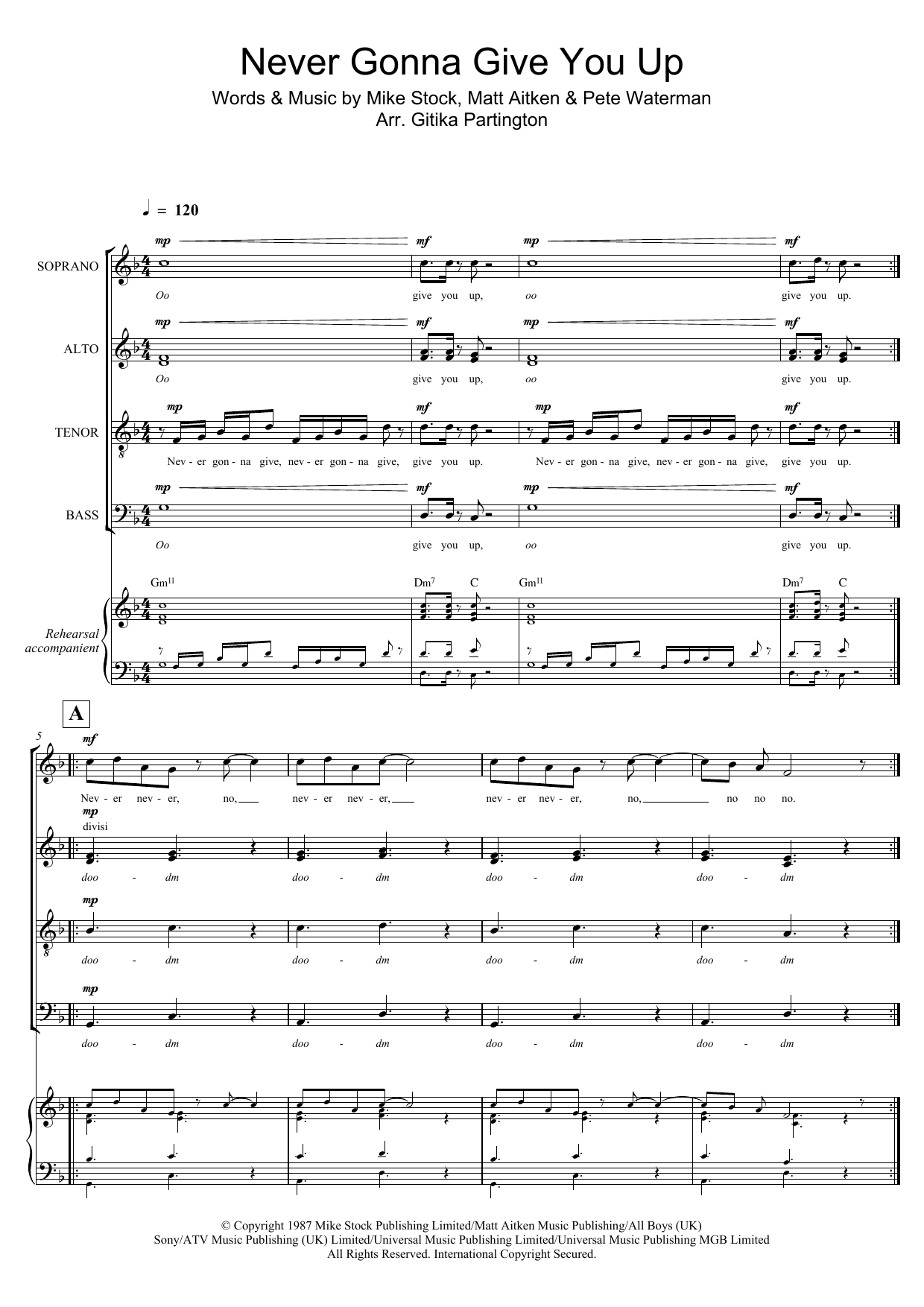 Rick Astley Never Gonna Give You Up (arr. Gitika Partington) Sheet Music Notes & Chords for SATB - Download or Print PDF
