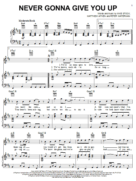 Rick Astley Never Gonna Give You Up sheet music notes and chords. Download Printable PDF.