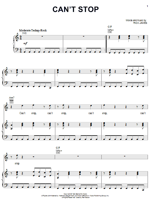 Rick James Can't Stop Sheet Music Notes & Chords for Piano, Vocal & Guitar (Right-Hand Melody) - Download or Print PDF