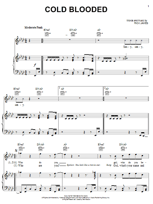 Rick James Cold Blooded Sheet Music Notes & Chords for Piano, Vocal & Guitar (Right-Hand Melody) - Download or Print PDF Rick James Cold Blooded Sheet Music Notes & Chords for Piano, Vocal & Guitar (Right-Hand Melody) - Download or Print PDF