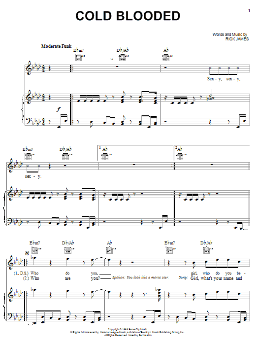 Rick James Cold Blooded Sheet Music Notes & Chords for Piano, Vocal & Guitar (Right-Hand Melody) - Download or Print PDF
