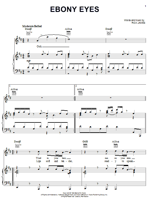 Rick James Ebony Eyes Sheet Music Notes & Chords for Piano, Vocal & Guitar (Right-Hand Melody) - Download or Print PDF