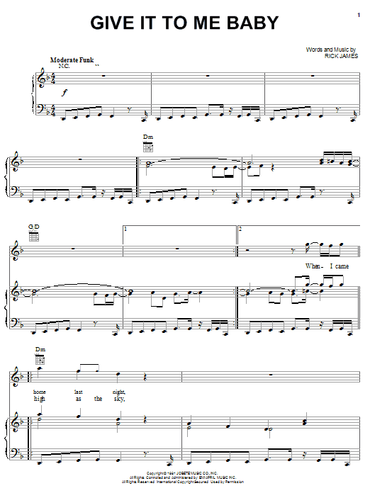 Rick James Give It To Me Baby Sheet Music Notes & Chords for Piano, Vocal & Guitar (Right-Hand Melody) - Download or Print PDF