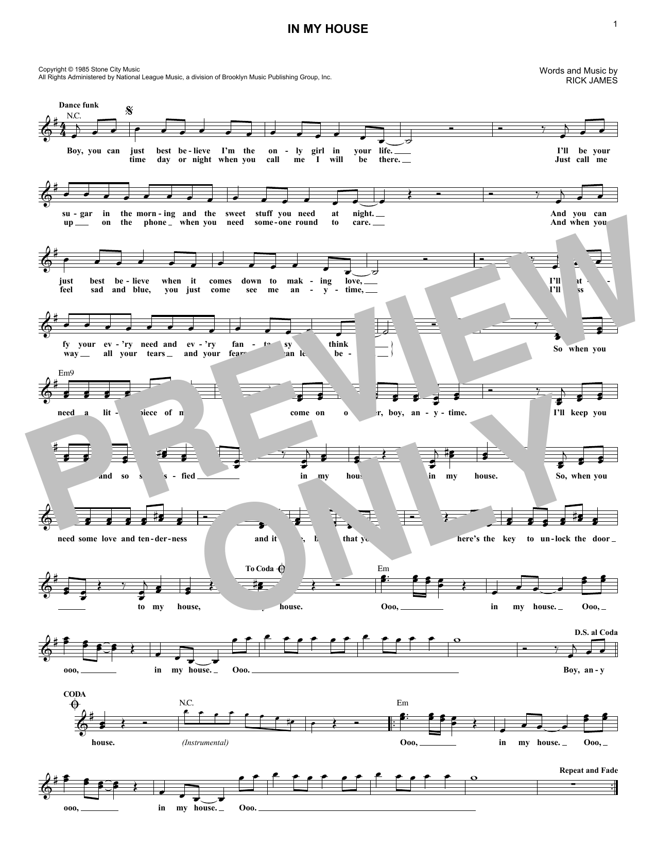 Rick James In My House Sheet Music Notes & Chords for Melody Line, Lyrics & Chords - Download or Print PDF