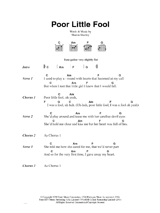 Rick Nelson Poor Little Fool Sheet Music Notes & Chords for Lyrics & Chords - Download or Print PDF