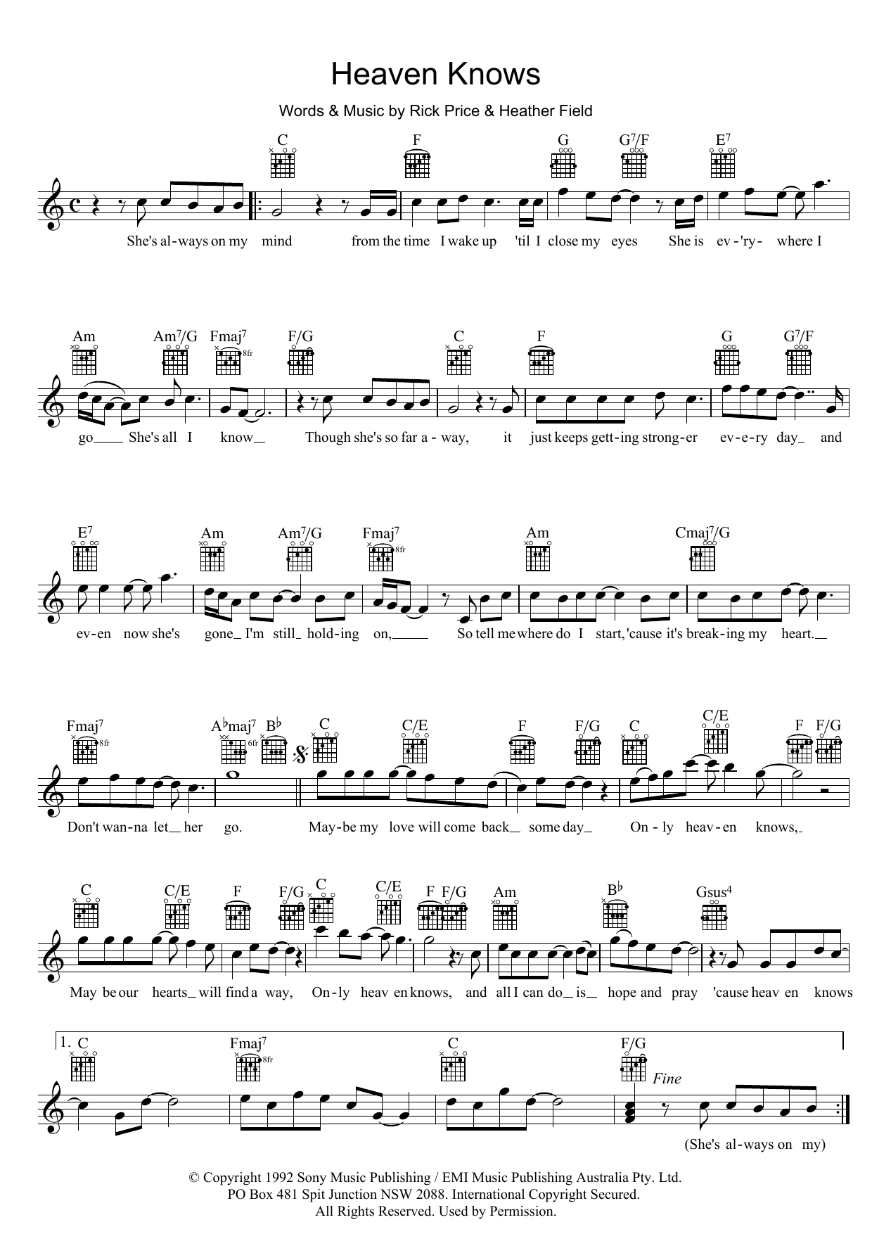 Rick Price Heaven Knows Sheet Music Notes & Chords for Melody Line, Lyrics & Chords - Download or Print PDF