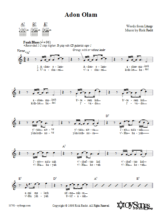 Rick Recht Adon Olam Sheet Music Notes & Chords for Melody Line, Lyrics & Chords - Download or Print PDF