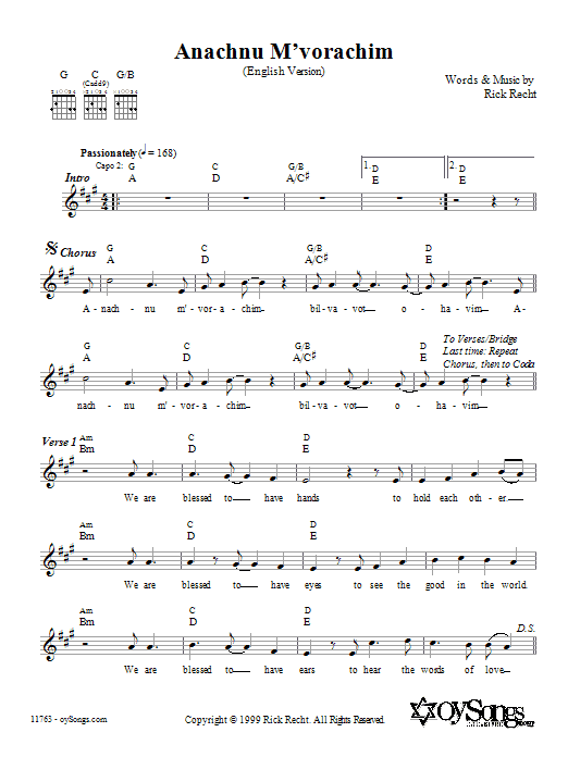 Rick Recht Anachnu M'vorachim Sheet Music Notes & Chords for Melody Line, Lyrics & Chords - Download or Print PDF