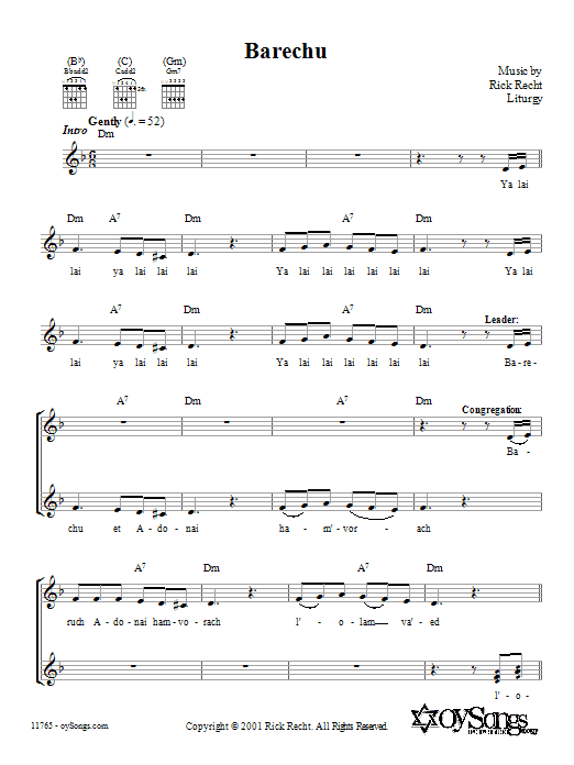 Rick Recht Barechu Sheet Music Notes & Chords for Melody Line, Lyrics & Chords - Download or Print PDF