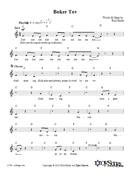 Rick Recht Boker Tov Sheet Music Notes & Chords for Melody Line, Lyrics & Chords - Download or Print PDF