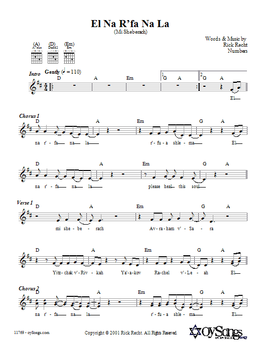 Rick Recht El Na R'fa Na La (Mi Sheberach) Sheet Music Notes & Chords for Melody Line, Lyrics & Chords - Download or Print PDF