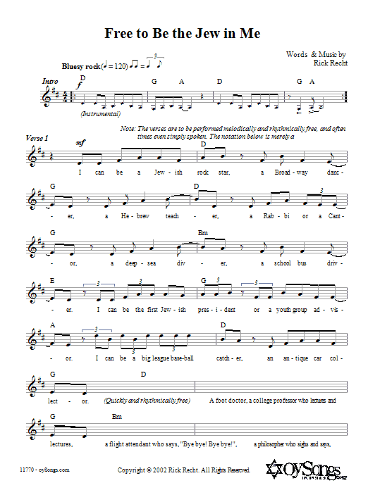 Rick Recht Free To Be The Jew In Me Sheet Music Notes & Chords for Melody Line, Lyrics & Chords - Download or Print PDF