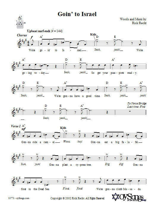 Rick Recht Goin' to Israel Sheet Music Notes & Chords for Melody Line, Lyrics & Chords - Download or Print PDF
