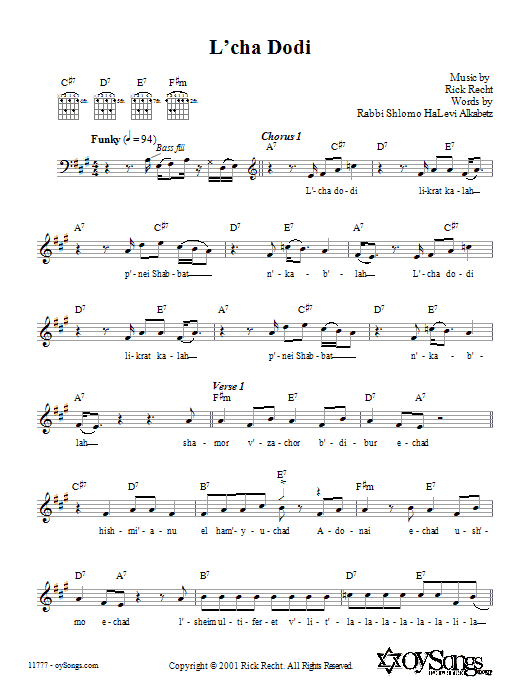 Rick Recht L'cha Dodi Sheet Music Notes & Chords for Melody Line, Lyrics & Chords - Download or Print PDF