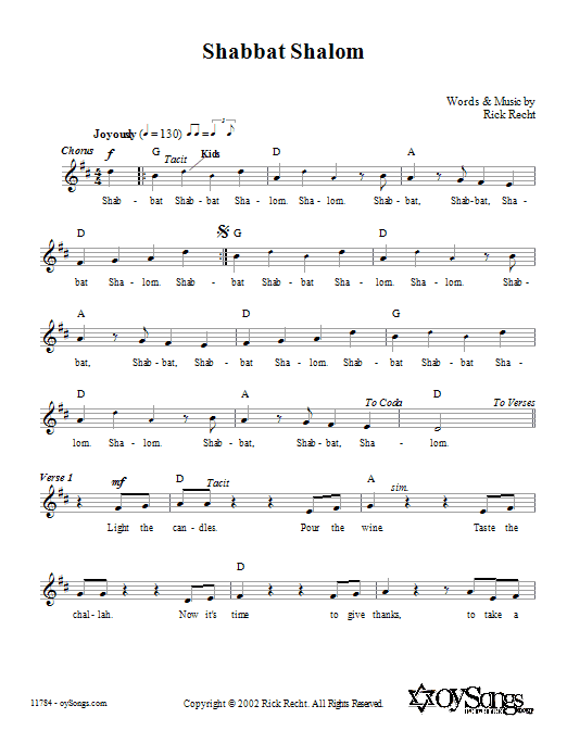 Rick Recht Shabbat Shalom Sheet Music Notes & Chords for Melody Line, Lyrics & Chords - Download or Print PDF