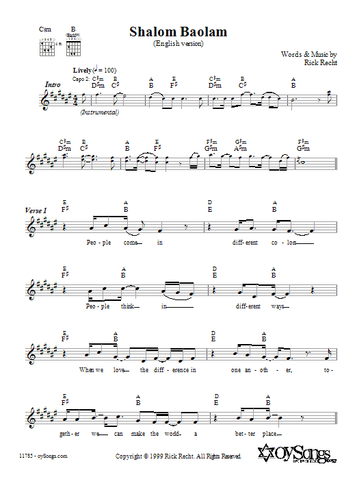 Rick Recht Shalom Baolam (English version) Sheet Music Notes & Chords for Melody Line, Lyrics & Chords - Download or Print PDF
