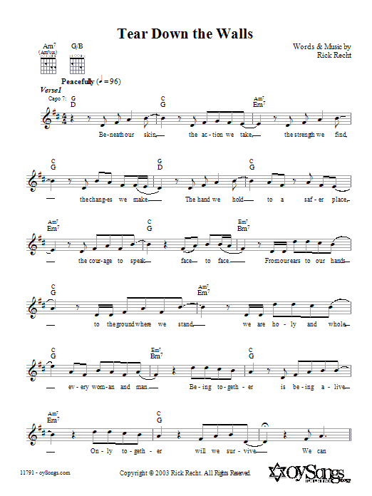 Rick Recht Tear Down the Walls Sheet Music Notes & Chords for Melody Line, Lyrics & Chords - Download or Print PDF