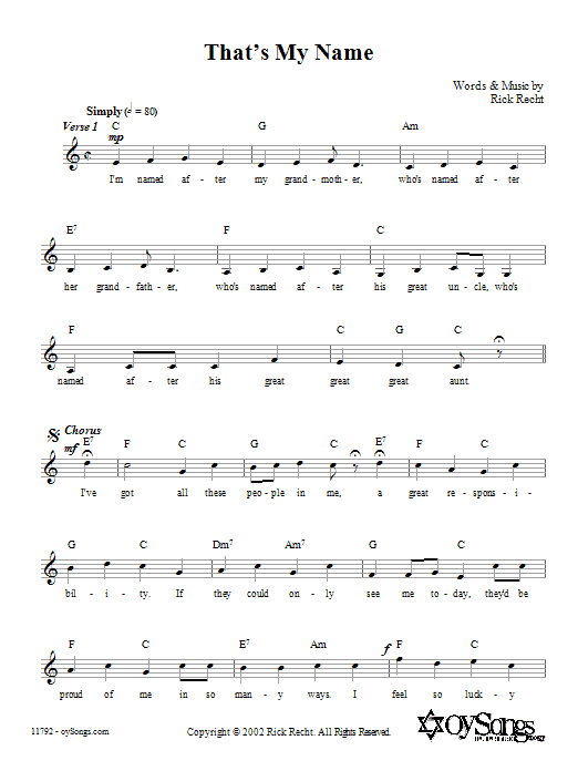 Rick Recht That's My Name Sheet Music Notes & Chords for Melody Line, Lyrics & Chords - Download or Print PDF