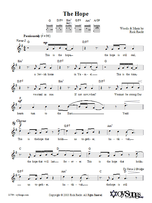 Rick Recht The Hope Sheet Music Notes & Chords for Melody Line, Lyrics & Chords - Download or Print PDF