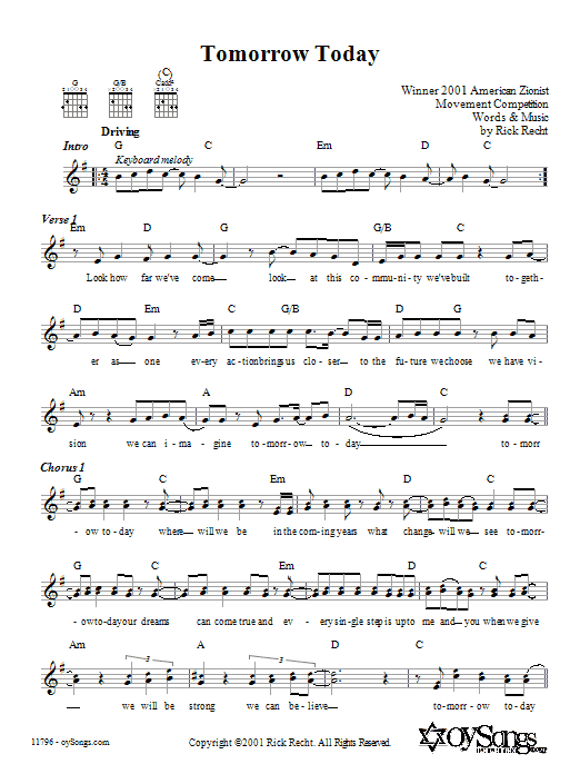 Rick Recht Tomorrow Today Sheet Music Notes & Chords for Melody Line, Lyrics & Chords - Download or Print PDF