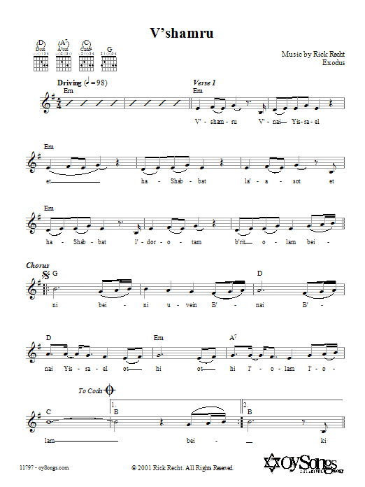 Rick Recht V'shamru Sheet Music Notes & Chords for Melody Line, Lyrics & Chords - Download or Print PDF