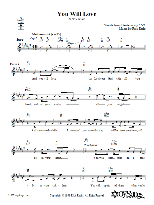 Rick Recht You Will Love (Tov Version) Sheet Music Notes & Chords for Melody Line, Lyrics & Chords - Download or Print PDF
