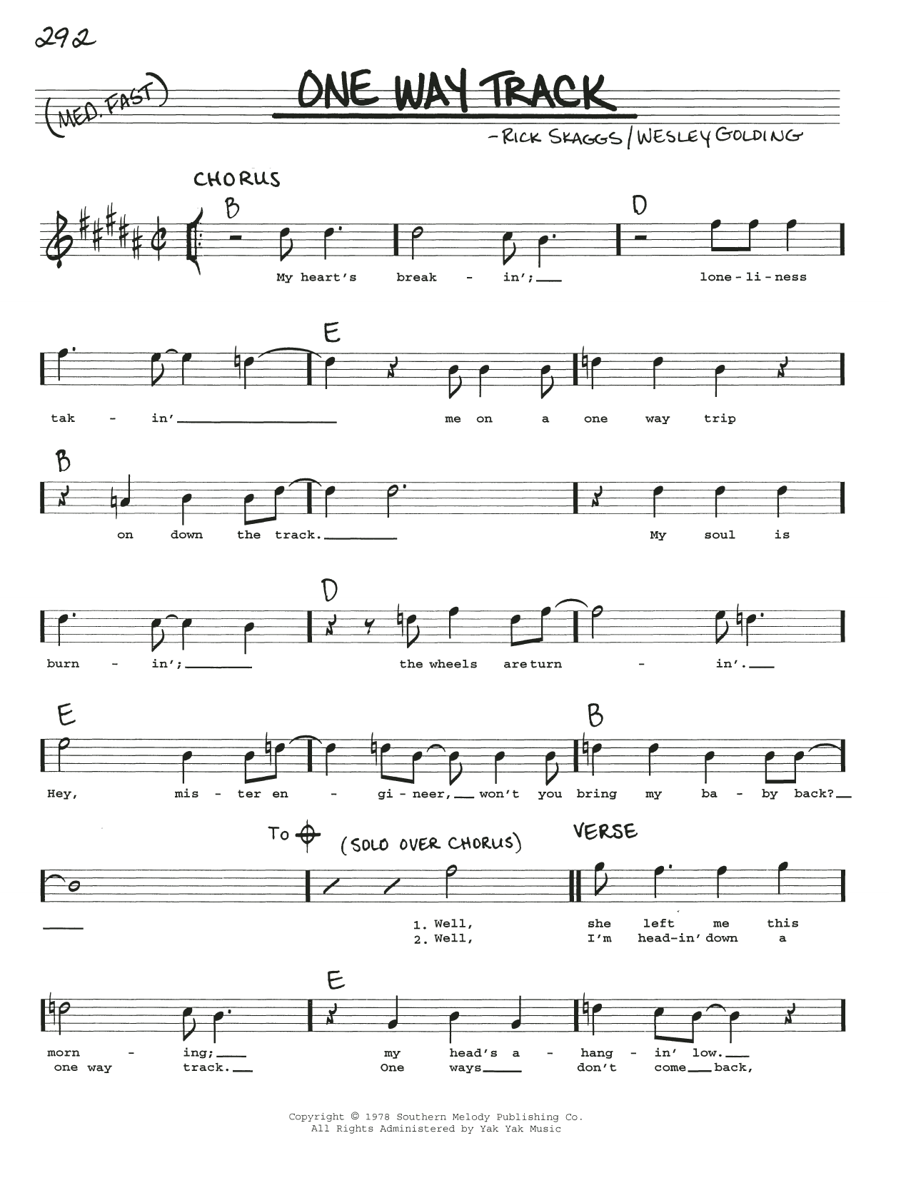 Rick Scaggs One Way Track Sheet Music Notes & Chords for Real Book – Melody, Lyrics & Chords - Download or Print PDF
