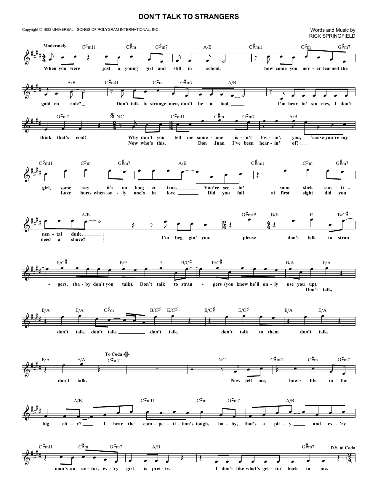Rick Springfield Don't Talk To Strangers Sheet Music Notes & Chords for Piano, Vocal & Guitar Chords (Right-Hand Melody) - Download or Print PDF