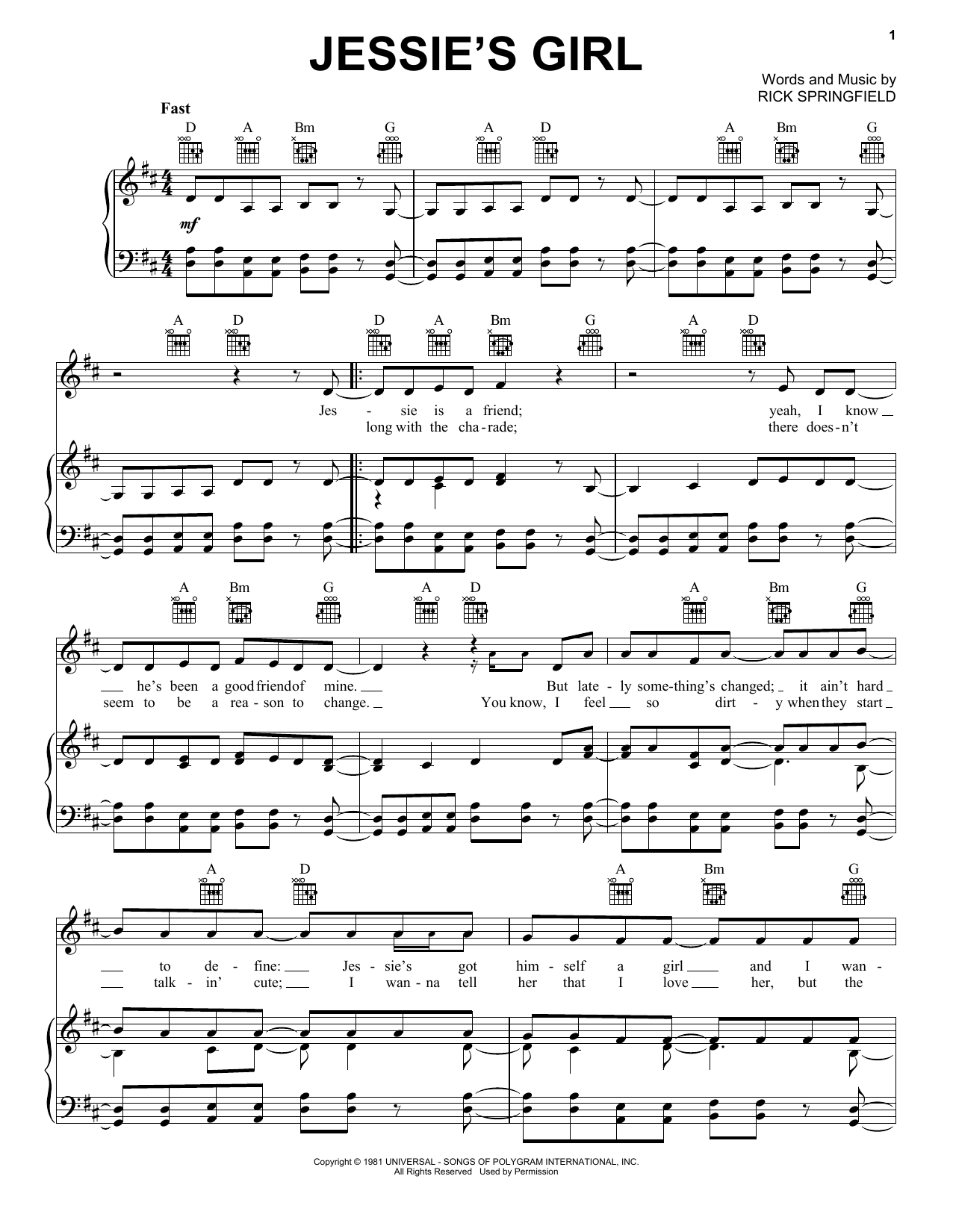 Rick Springfield Jessie's Girl Sheet Music Notes & Chords for Ukulele - Download or Print PDF