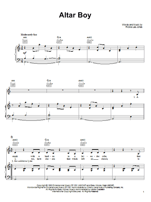 Rickie Lee Jones Altar Boy Sheet Music Notes & Chords for Piano, Vocal & Guitar (Right-Hand Melody) - Download or Print PDF