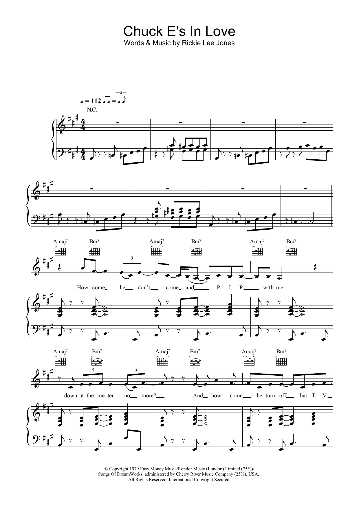 Rickie Lee Jones Chuck E's In Love Sheet Music Notes & Chords for Piano, Vocal & Guitar (Right-Hand Melody) - Download or Print PDF