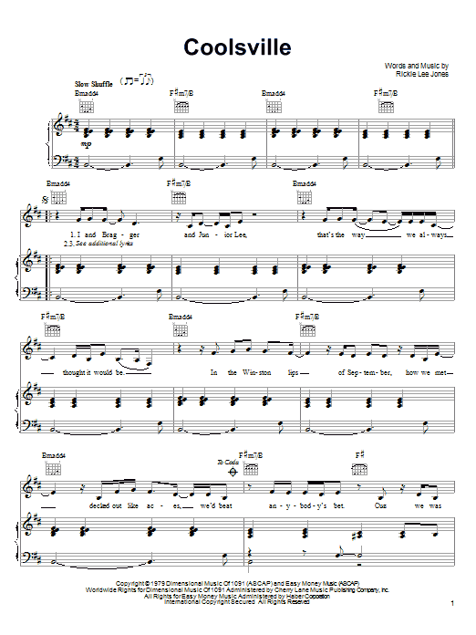 Rickie Lee Jones Coolsville Sheet Music Notes & Chords for Piano, Vocal & Guitar (Right-Hand Melody) - Download or Print PDF