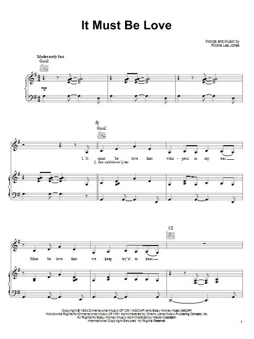 Rickie Lee Jones It Must Be Love Sheet Music Notes & Chords for Piano, Vocal & Guitar (Right-Hand Melody) - Download or Print PDF