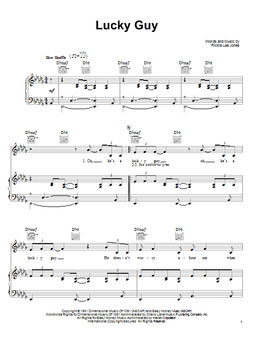 Rickie Lee Jones Lucky Guy Sheet Music Notes & Chords for Piano, Vocal & Guitar (Right-Hand Melody) - Download or Print PDF