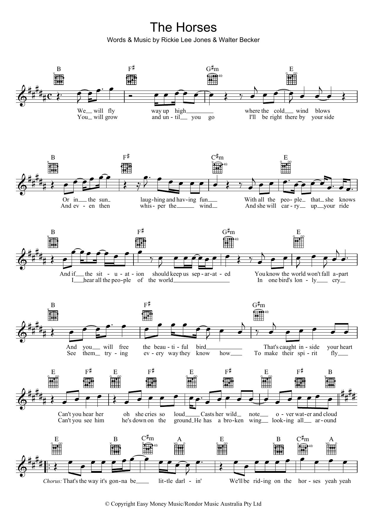 Rickie Lee Jones The Horses Sheet Music Notes & Chords for Melody Line, Lyrics & Chords - Download or Print PDF
