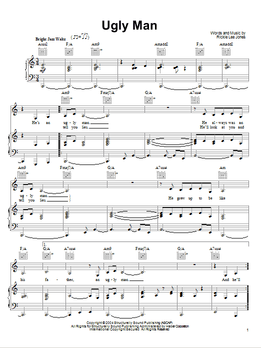 Rickie Lee Jones Ugly Man Sheet Music Notes & Chords for Piano, Vocal & Guitar (Right-Hand Melody) - Download or Print PDF