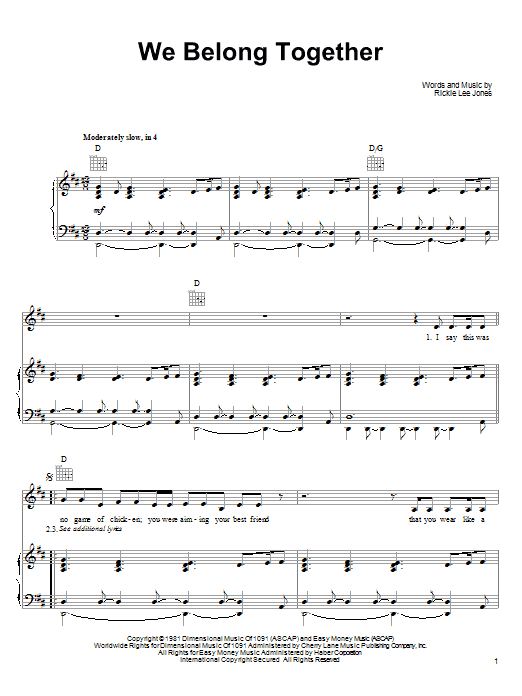Rickie Lee Jones We Belong Together Sheet Music Notes & Chords for Piano, Vocal & Guitar (Right-Hand Melody) - Download or Print PDF