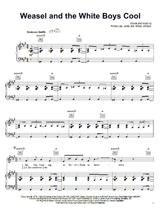 Rickie Lee Jones Weasel And The White Boys Cool Sheet Music Notes & Chords for Piano, Vocal & Guitar (Right-Hand Melody) - Download or Print PDF